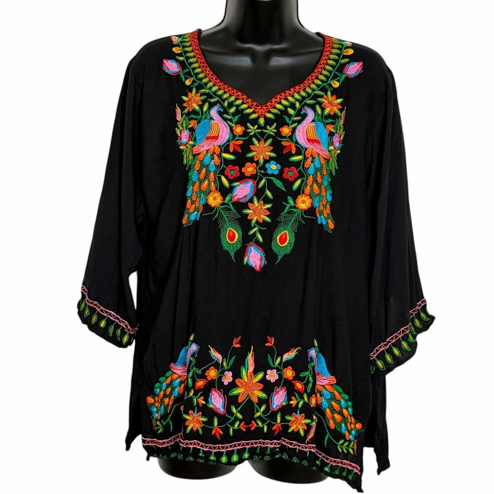 ROYAL MODA MEXICAN PEASANT BLOUSE BLACK EMBROIDERED PEACOCK BOHO TUNIC TOP L XL